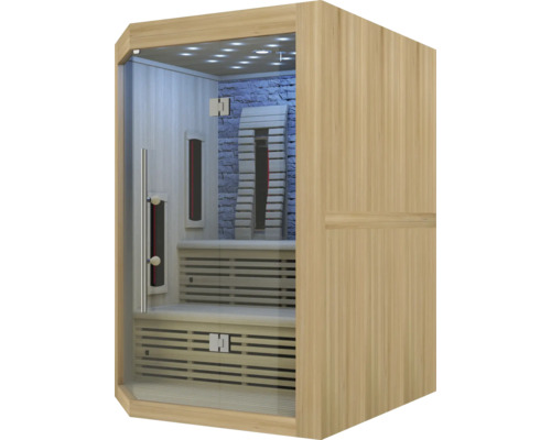 Infrarotsauna aus Holz mit Glastür und Bänken