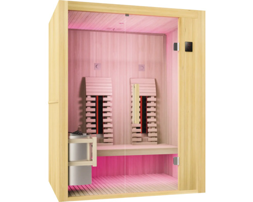 Sauna mit Glasfront, Holzbänken und Saunaofen