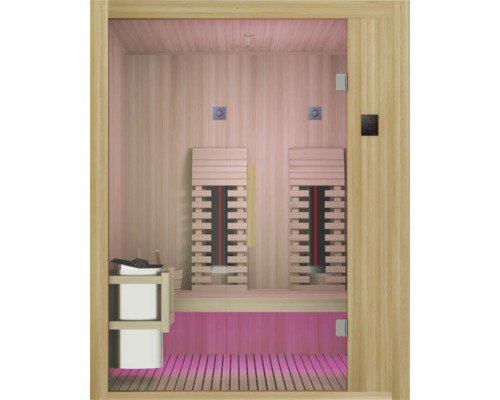 Innenansicht einer Sauna mit Holzeinrichtung und Infrarotstrahlern
