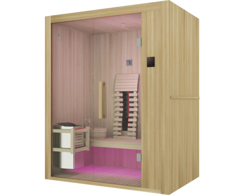 Sauna aus Holz mit Glastür und Innenausstattung