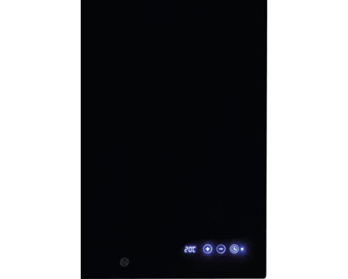 Dunkle Glasplatte mit digitaler Temperaturanzeige und Bedienelementen