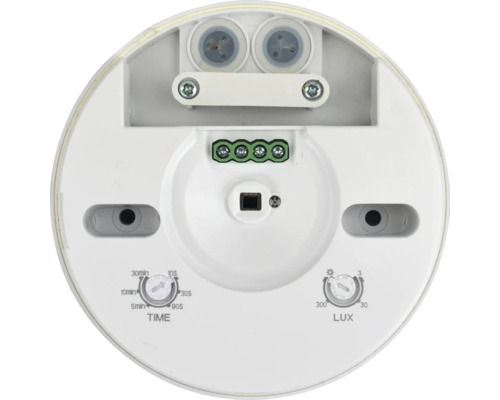 Unterseite eines Bewegungsmelders mit Zeiteinstellung und Lux-Einstellung