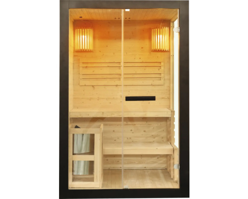 Elementsauna Sanotechnik Panorama Black inkl. 3,6 kW Ofen u.integr.Steuerung mit Glanglastüre aus Klarglas