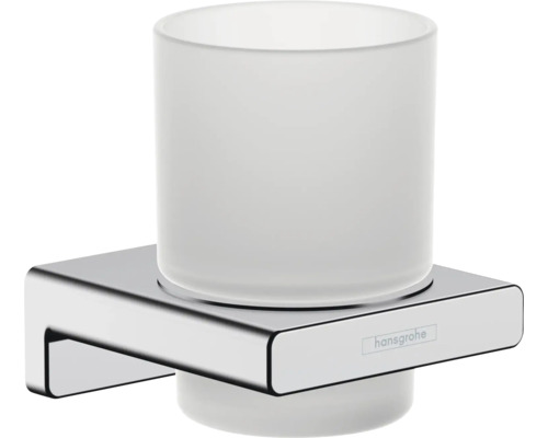 Hansgrohe Logo. Zahnputzbecher mit Halterung zur Wandmontage.