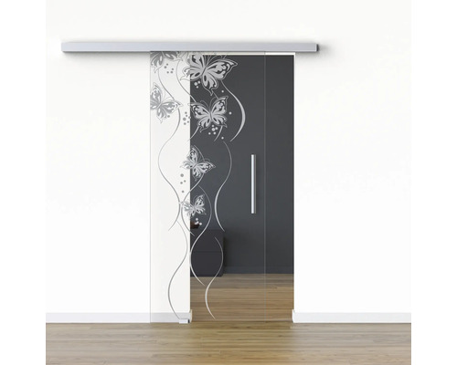 Pertura Glasschiebetür Komplettset Glera Butterfly 01 900x2050 mm Links inkl.Beschlag Selir Aluminium natur,Stangengriff Glasschiebetür mit Schmetterlingsmotiv
