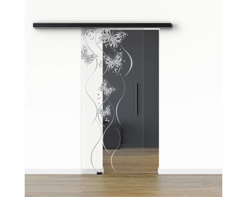 Pertura Glasschiebetür Komplettset Glera Butterfly 01 900x2050 mm Links inkl.Beschlag Selir Aluminium schwarz,Stangengriff Glasschiebetür mit Schmetterlingsmuster