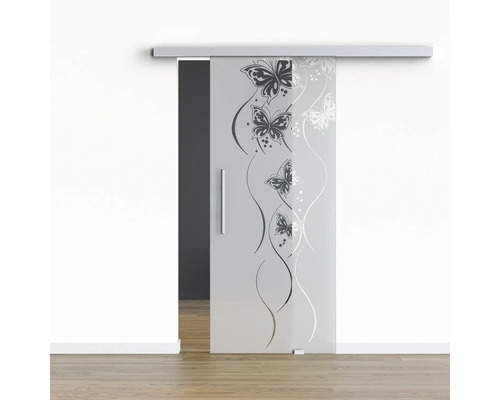 Pertura Glasschiebetür Komplettset Glera Butterfly 02 900x2050 mm Rechts inkl.Beschlag Selir Aluminium natur,Stangengriff Glastür mit Schiebetürsystem und Schmetterlingsmotiv