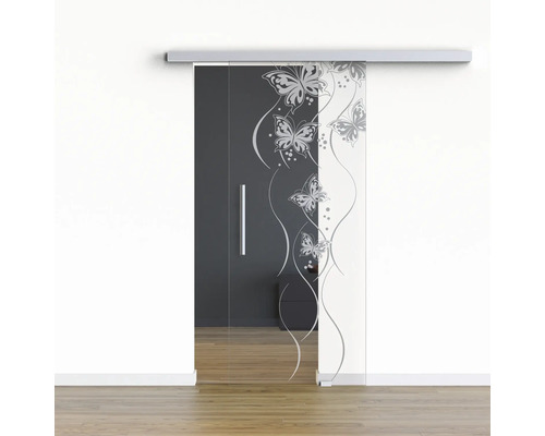 Pertura Glasschiebetür Komplettset Glera Butterfly 01 900x2050 mm Rechts inkl.Beschlag Selir Aluminium natur,Stangengriff Glasschiebetür mit Schmetterlingsmotiv