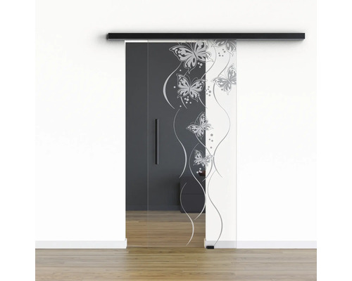 Pertura Glasschiebetür Komplettset Glera Butterfly 01 900x2050 mm Rechts inkl.Beschlag Selir Aluminium schwarz,Stangengriff Glasschiebetür mit Schmetterlingsmotiv