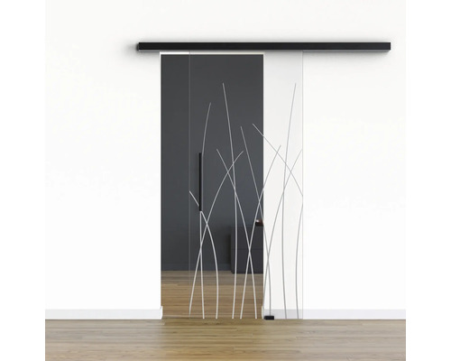 Pertura Glasschiebetür Komplettset Glera Reeds 01 775x2175 mm Rechts inkl.Beschlag Selir Aluminium schwarz,Stangengriff Schiebetür aus Glas mit Gräserdesign vor einer Wand
