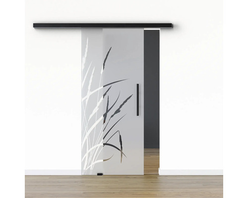 Pertura Glasschiebetür Komplettset Glera Blade 02 775x2050 mm Links inkl.Beschlag Selir Aluminium schwarz,Stangengriff Schiebetür aus Glas mit Gräser Dekor und schwarzer Schiene