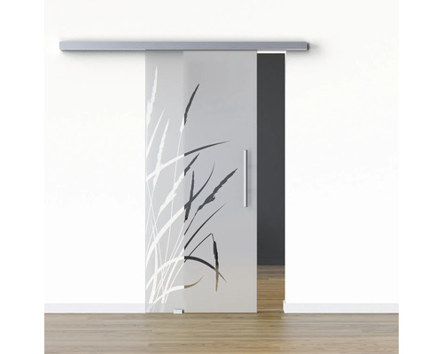 Pertura Glasschiebetür Komplettset Glera Blade 02 775x2050 mm Links inkl.Beschlag Selir Aluminium Edelstahloptik,Stangengriff Schiebetür aus Glas mit Haltegriff und Gräser Dekor