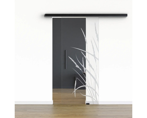 Pertura Glasschiebetür Komplettset Glera Blade 01 1025x2175 mm Rechts inkl. Beschlag Selir Aluminium schwarz,Stangengriff Schiebetür aus Glas mit Gräser Motiv und Beschlägen