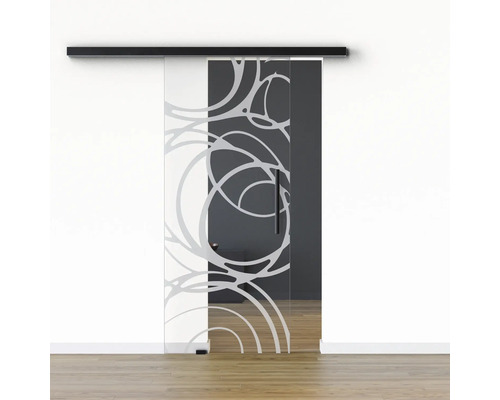 Pertura Glasschiebetür Komplettset Glera Mystic 01 900x2050 mm Links inkl.Beschlag Selir Aluminium schwarz,Stangengriff Glasschiebetür mit abstraktem Muster vor einer Wand
