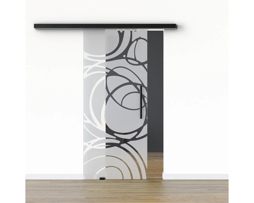 Pertura Glasschiebetür Komplettset Glera Mystic 02 775x2050 mm Links inkl.Beschlag Selir Aluminium schwarz,Stangengriff Glasschiebetür mit abstraktem Muster für den Innenbereich