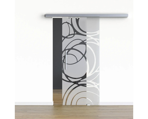 Pertura Glasschiebetür Komplettset Glera Mystic 02 775x2050 mm Rechts inkl.Beschlag Selir Aluminium Edelstahloptik,Stangengriff Schiebetür aus Glas mit Muster vor einer Wand
