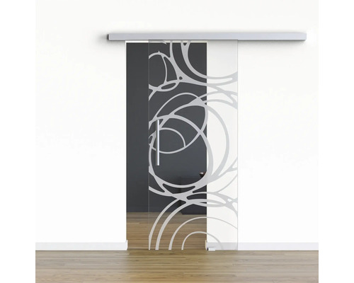 Pertura Glasschiebetür Komplettset Glera Mystic 01 900x2175 mm Rechts inkl. Beschlag Selir Aluminium natur,Stangengriff Glasschiebetür mit Muster vor einer Wand