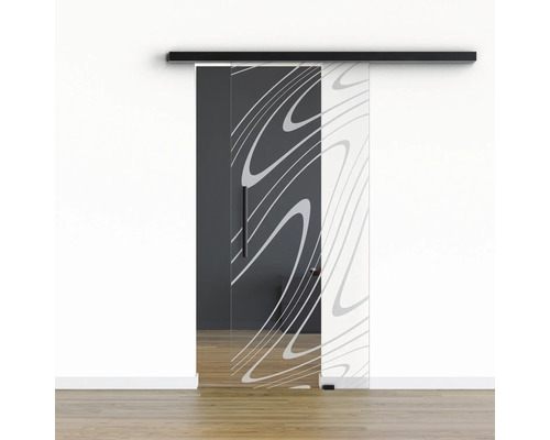 Pertura Glasschiebetür Komplettset Glera Water 01 900x2050 mm Rechts inkl.Beschlag Selir Aluminium schwarz,Stangengriff Glasschiebetür mit Wellenmuster vor einer Wand
