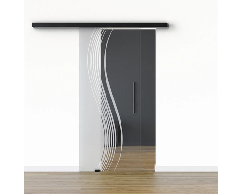 Pertura Glasschiebetür Komplettset Glera Reflect 01 775x2175 mm Links inkl.Beschlag Selir Aluminium schwarz,Stangengriff Glasschiebetür mit Dekor und Griff