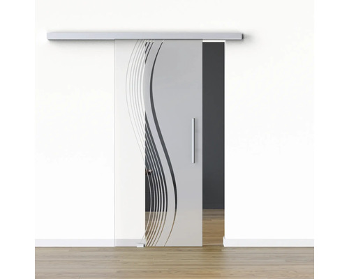Pertura Glasschiebetür Komplettset Glera Reflect 02 1025x2175 mm Links inkl. Beschlag Selir Aluminium natur,Stangengriff Glasschiebetür mit Wellenmuster und Griff