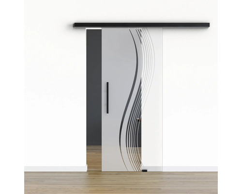Pertura Glasschiebetür Komplettset Glera Reflect 02 775x2050 mm Rechts inkl.Beschlag Selir Aluminium schwarz,Stangengriff Glasschiebetür mit Muster
