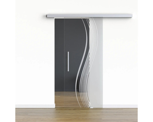 Pertura Glasschiebetür Komplettset Glera Reflect 01 775x2050 mm Rechts inkl.Beschlag Selir Aluminium natur,Stangengriff Glasschiebetür mit Wellenmuster