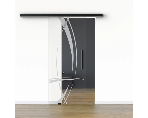 Pertura Glasschiebetür Komplettset Glera Tangle 01 1025x2175 mm Links inkl. Beschlag Selir Aluminium schwarz,Stangengriff Glasschiebetür mit Schiebetürsystem und Muster