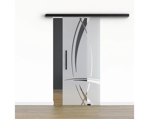 Pertura Glasschiebetür Komplettset Glera Tangle 02 1025x2050 mm Rechts inkl. Beschlag Selir Aluminium schwarz,Stangengriff Schiebetür aus Glas mit Dekor und Griff
