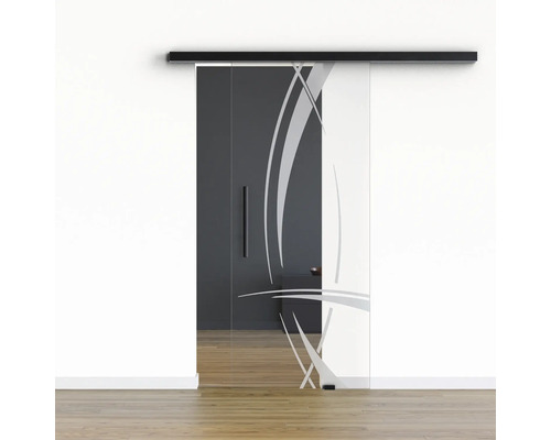 Pertura Glasschiebetür Komplettset Glera Tangle 01 775x2175 mm Rechts inkl.Beschlag Selir Aluminium schwarz,Stangengriff Glasschiebetür mit abstraktem Design für Innenräume
