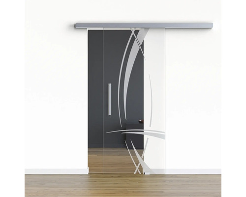 Pertura Glasschiebetür Komplettset Glera Tangle 01 900x2050 mm Rechts inkl.Beschlag Selir Aluminium Edelstahloptik,Stangengriff Glasschiebetür mit abstraktem Design und Griff
