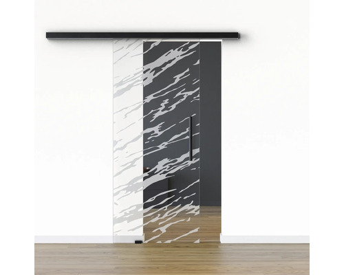 Pertura Glasschiebetür Komplettset Glera Vision 01 775x2175 mm Links inkl.Beschlag Selir Aluminium schwarz,Stangengriff Glasschiebetür mit Muster und schwarzer Griffstange vor einer weißen Wand