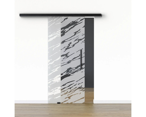 Pertura Glasschiebetür Komplettset Glera Vision 02 1025x2175 mm Links inkl. Beschlag Selir Aluminium schwarz,Stangengriff Schiebetür aus Glas mit Muster und Griff