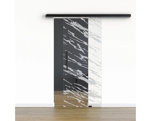 Pertura Glasschiebetür Komplettset Glera Vision 01 775x2050 mm Rechts inkl.Beschlag Selir Aluminium schwarz,Stangengriff Glastür mit Schiebetürsystem und abstraktem Muster