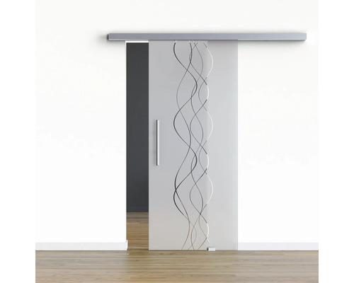 Pertura Glasschiebetür Komplettset Glera Curl 02 775x2175 mm Rechts inkl.Beschlag Selir Aluminium Edelstahloptik,Stangengriff Schiebetür aus Glas mit Wellenmuster