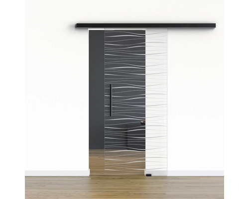 Pertura Glasschiebetür Komplettset Glera Tidal 01 775x2050 mm Rechts inkl.Beschlag Selir Aluminium schwarz,Stangengriff Glasschiebetür mit Wellenmuster und Griff
