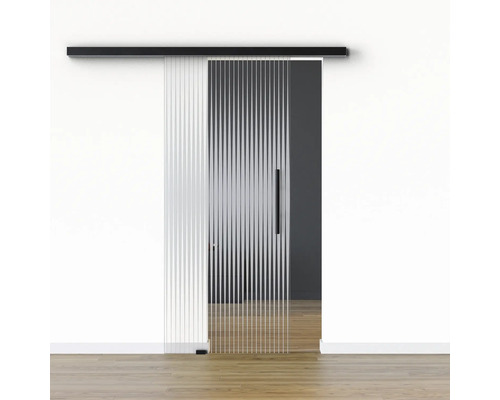 Pertura Glasschiebetür Komplettset Glera Ripple 01 775x2050 mm Links inkl.Beschlag Selir Aluminium schwarz,Stangengriff Schiebetür mit geriffeltem Glas und schwarzer Laufschiene