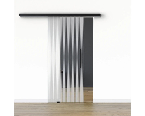 Pertura Glasschiebetür Komplettset Glera Ripple 02 775x2050 mm Links inkl.Beschlag Selir Aluminium schwarz,Stangengriff Schiebetür aus Glas mit Griff und Beschlag an einer weißen Wand