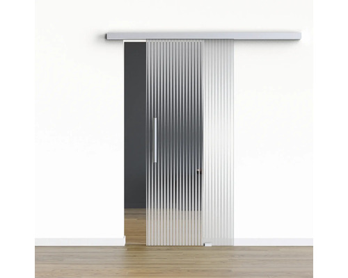 Pertura Glasschiebetür Komplettset Glera Ripple 02 775x2175 mm Rechts inkl.Beschlag Selir Aluminium natur,Stangengriff Glasschiebetür mit Griff und Rillenstruktur vor einer Wand
