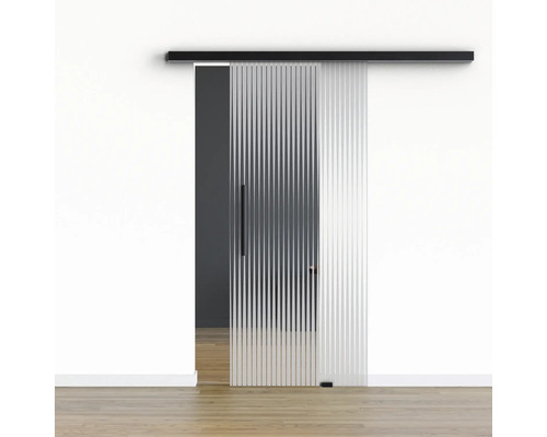 Pertura Glasschiebetür Komplettset Glera Ripple 02 900x2050 mm Rechts inkl. Beschlag Selir Aluminium schwarz,Stangengriff Schiebetür aus Glas mit Rillenstruktur und Beschlägen