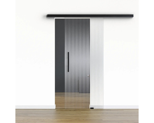 Pertura Glasschiebetür Komplettset Glera Ripple 01 775x2050 mm Rechts inkl.Beschlag Selir Aluminium schwarz,Stangengriff Schiebetür aus Glas mit Griff und Führungsschiene