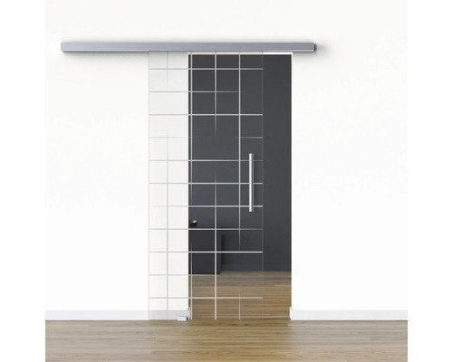 Pertura Glasschiebetür Komplettset Glera Mesh 01 775x2175 mm Links inkl.Beschlag Selir Aluminium Edelstahloptik,Stangengriff Glasschiebetür mit klarem Glas und Rasterdesign vor einer Wand
