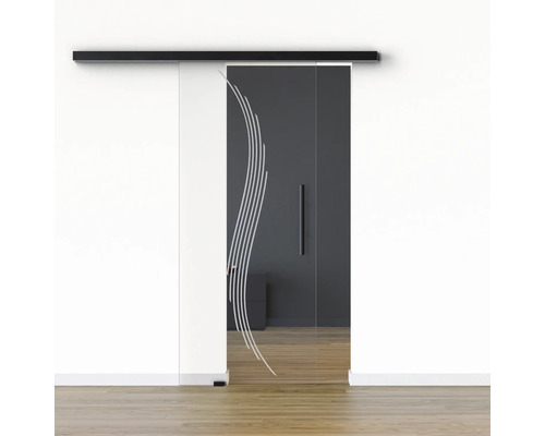 Pertura Glasschiebetür Komplettset Glera Sweep 01 775x2050 mm Links inkl.Beschlag Selir Aluminium schwarz,Stangengriff Glasschiebetür mit Motiv und Griff