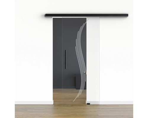 Pertura Glasschiebetür Komplettset Glera Sweep 01 775x2050 mm Rechts inkl.Beschlag Selir Aluminium schwarz,Stangengriff Glasschiebetür mit Streifenmuster vor einer Wand