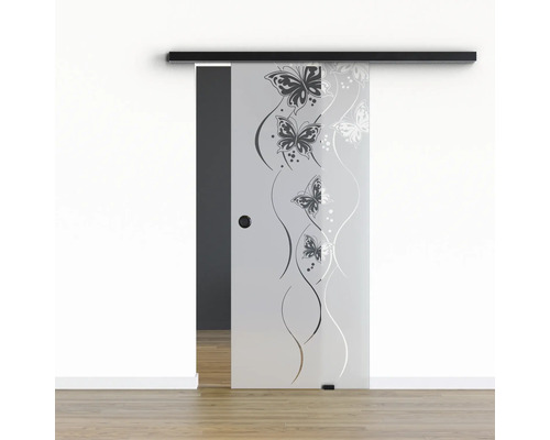 Pertura Glasschiebetür Komplettset Glera Butterfly 02 900x2050 mm Rechts inkl. Beschlag Selir Aluminium schwarz,Griffmuschel Glasschiebetür mit Schmetterlingsmuster vor einer Wand