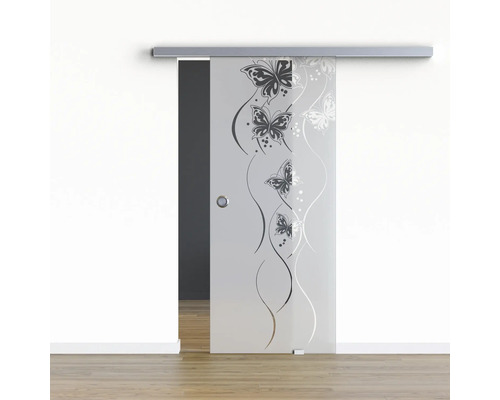 Pertura Glasschiebetür Komplettset Glera Butterfly 02 775x2175 mm Rechts inkl.Beschlag Selir Aluminium Edelstahloptik,Griffmuschel Glasschiebetür mit Schmetterlingsmuster