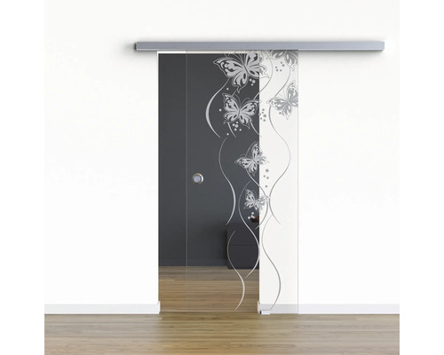 Pertura Glasschiebetür Komplettset Glera Butterfly 01 775x2175 mm Rechts inkl.Beschlag Selir Aluminium Edelstahloptik,Griffmuschel Glasschiebetür mit Schmetterlingsmotiv