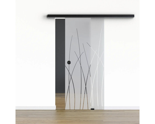 Pertura Glasschiebetür Komplettset Glera Reeds 02 900x2050 mm Rechts inkl. Beschlag Selir Aluminium schwarz,Griffmuschel Schiebetür aus Glas mit Gräser-Motiv und schwarzer Schiene