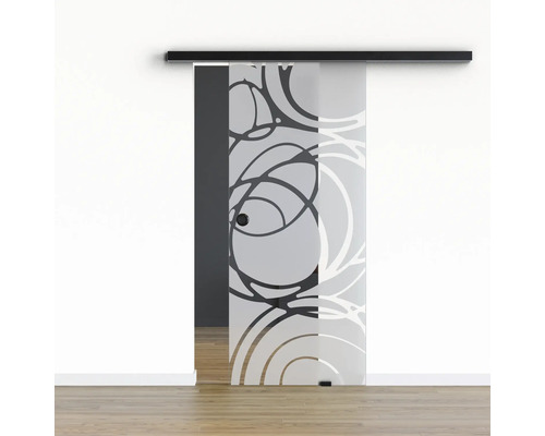 Pertura Glasschiebetür Komplettset Glera Mystic 02 900x2050 mm Rechts inkl. Beschlag Selir Aluminium schwarz,Griffmuschel Schiebetür aus Glas mit Kreismuster
