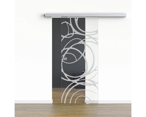 Pertura Glasschiebetür Komplettset Glera Mystic 01 900x2050 mm Rechts inkl. Beschlag Selir Aluminium natur,Griffmuschel Schiebetür aus Glas mit abstraktem Muster
