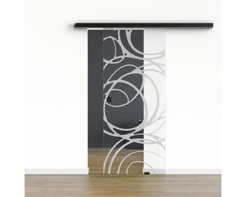 Pertura Glasschiebetür Komplettset Glera Mystic 01 900x2050 mm Rechts inkl. Beschlag Selir Aluminium schwarz,Griffmuschel Schiebetür aus Glas mit abstraktem Kreismuster und Schiebetürsystem